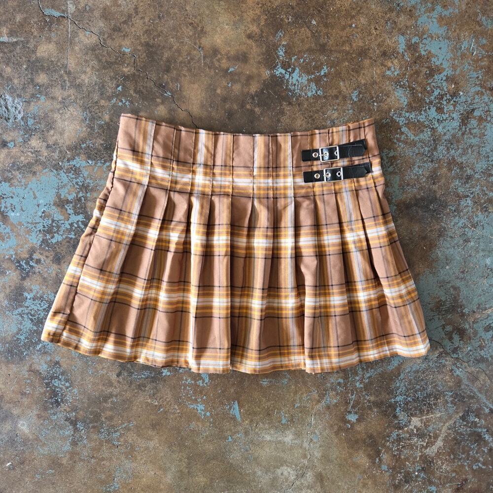 Y2K No Boundaries Pleated Plaid Mini Skirt Size XL 15/17 Orange Buckles Kilt
